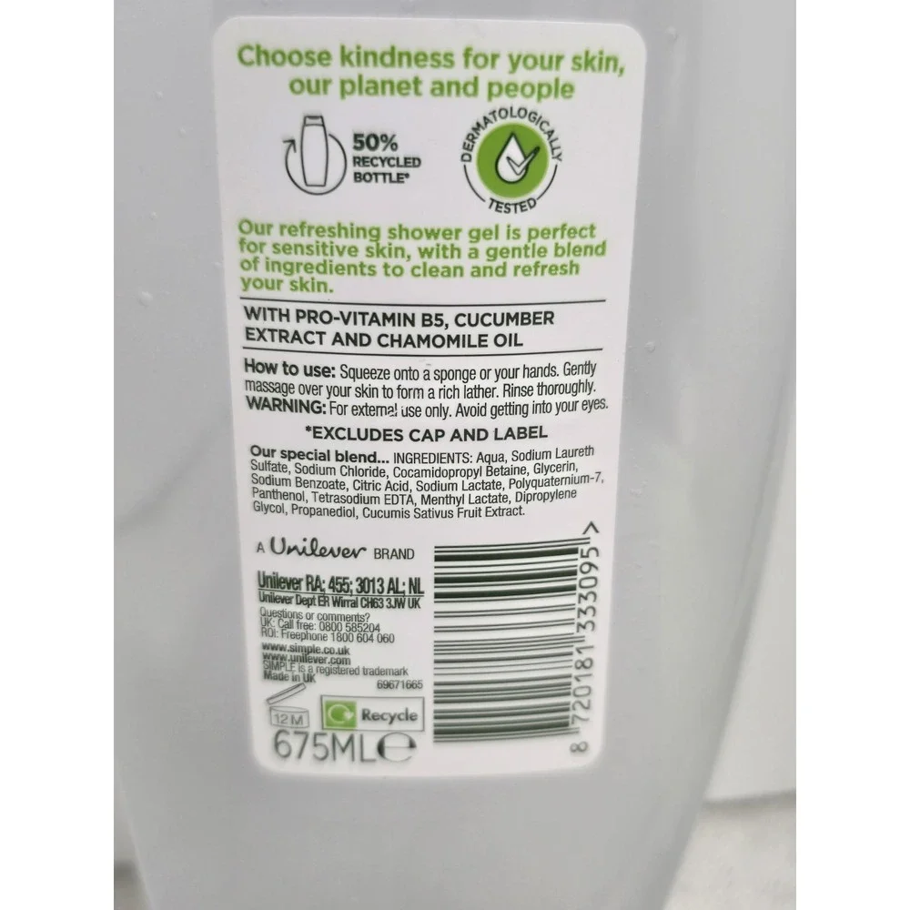 Simple Kind to Skin Refreshing Shower Gel with Cucumber Extract 675ml Made In UK
